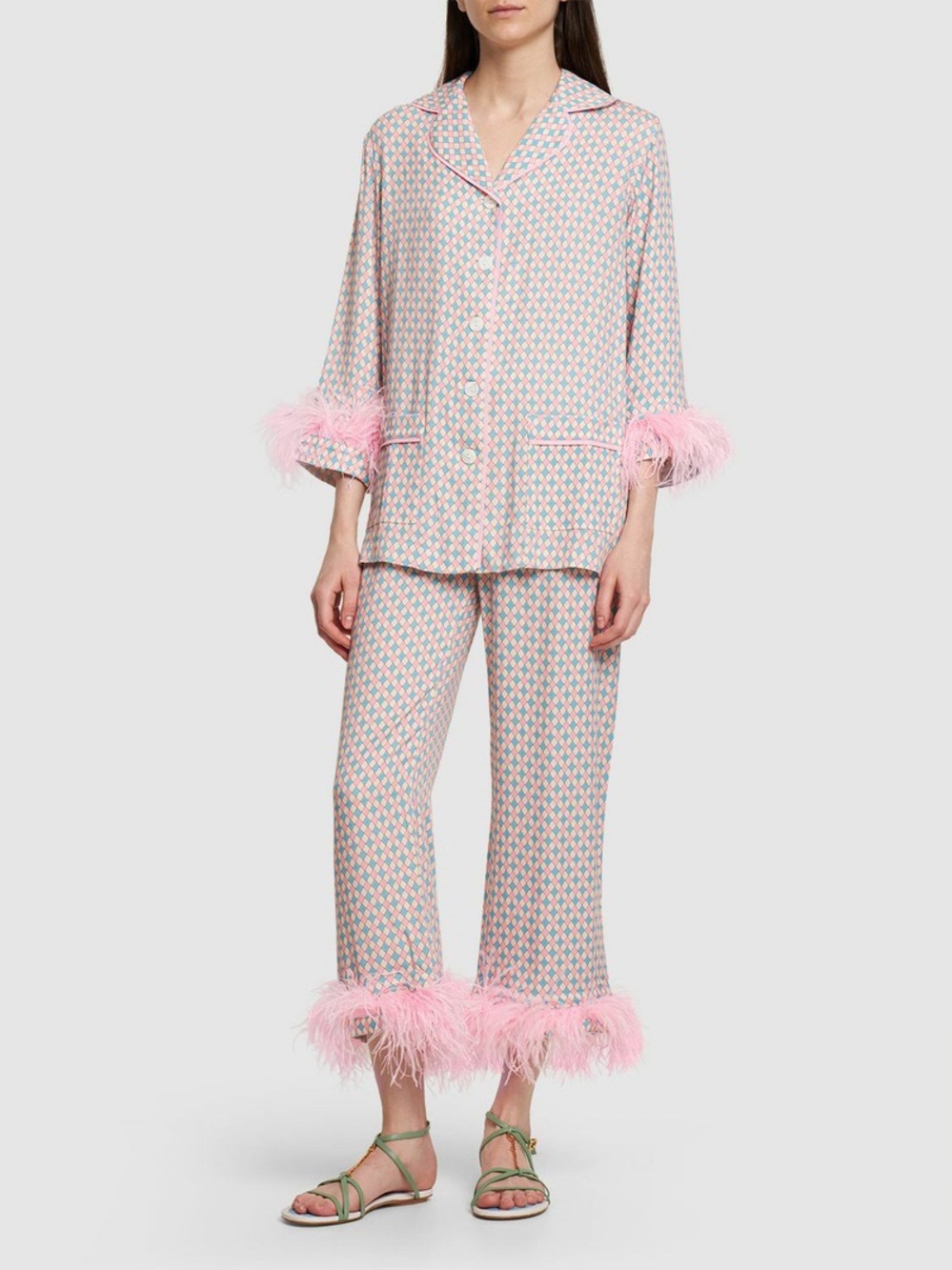 Sleeper Iconic Party Pajama Set With Ostrich Feathers Argyle Print Womens Size L
